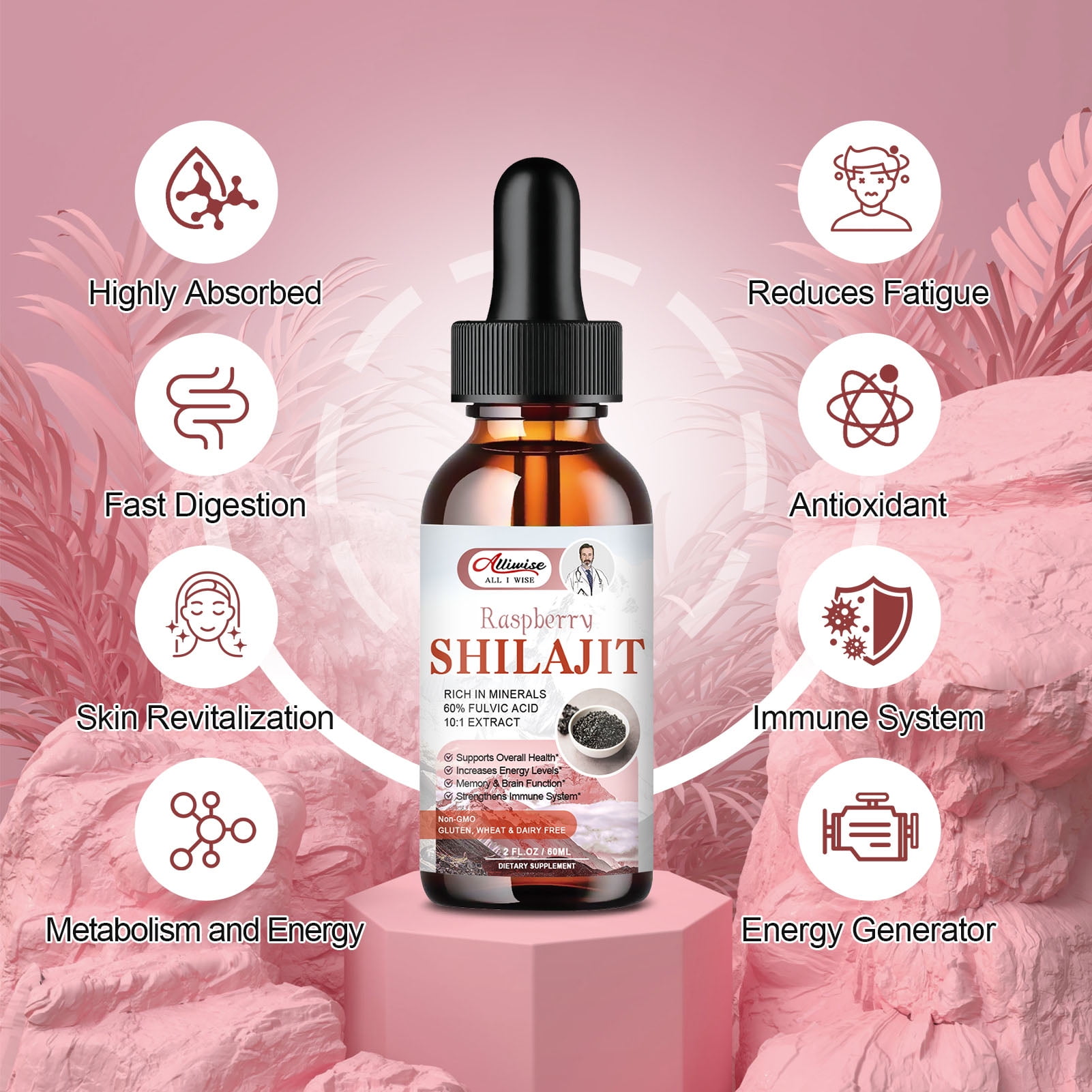 Organic Pure Himalayan Shilajit Resin Liquid Drops for Men & Women, Golden Shilajit Supplement with Fulvic Acid Complex for Energy & Immune Support - Raspberry(2 Pack)