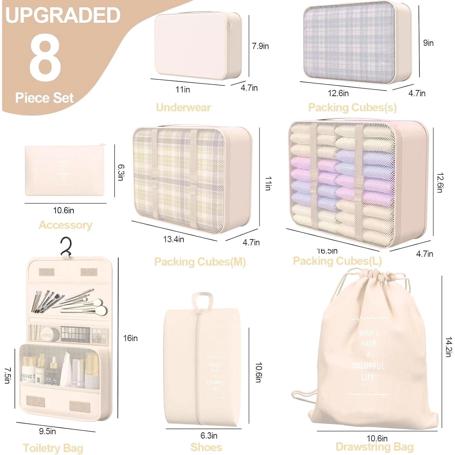 8 Set Packing Cubes for Travel,Suitcase Organizer Bags for Luggage with Shoe & H