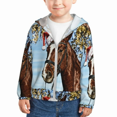

Lukts Christmas Horse Print Children s Long-Sleeved Sun Protection Clothing Hooded Sweatshirts for Boys and Girls Outdoor Sports-2 Years