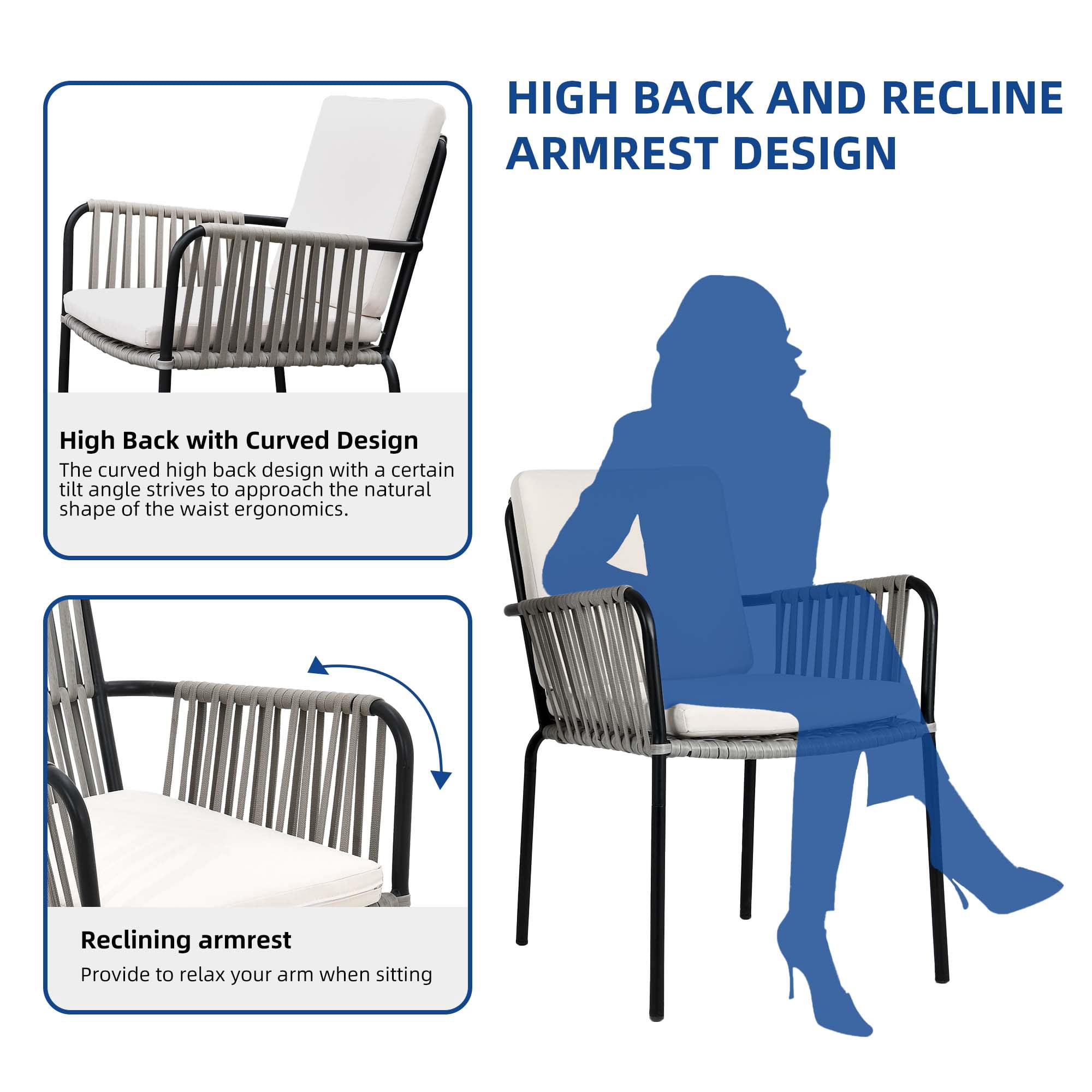 DEXTRUS Outdoor Dining Chair Set of 2, Rope Woven Design Bistro Chairs, Indoor-Outdoor Armchair Seating - Green and Grey