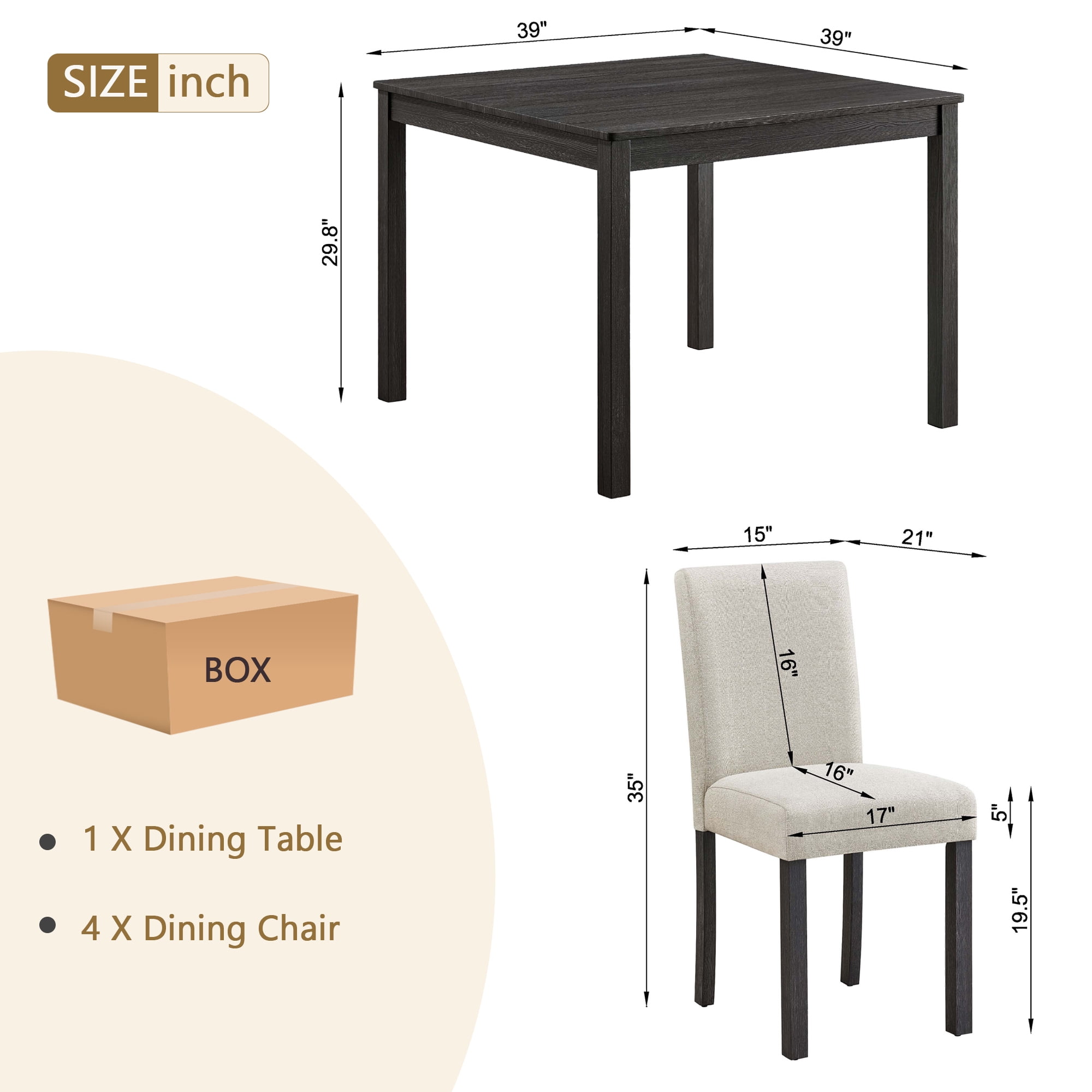 5-Piece Dining Table Set for 4, 39" Square Kitchen Table with 4 Fabric Chairs