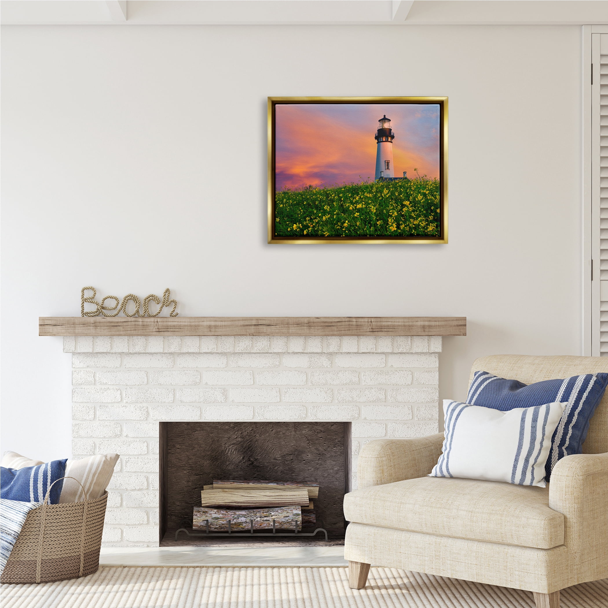 Stupell Industries Lighthouse in Meadow Sunrise Nature Photography Gold Floater Framed Art Print Wall Art, 31 x 25
