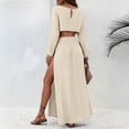 thumbnail image 4 of LEKWK Linen Sets for Women 2 Piece Long Sleeve Crewneck Crop Tops High Slit Flowy Maxi Skirts Summer Fashion Boho Beach Vacation Outfits, 4 of 8