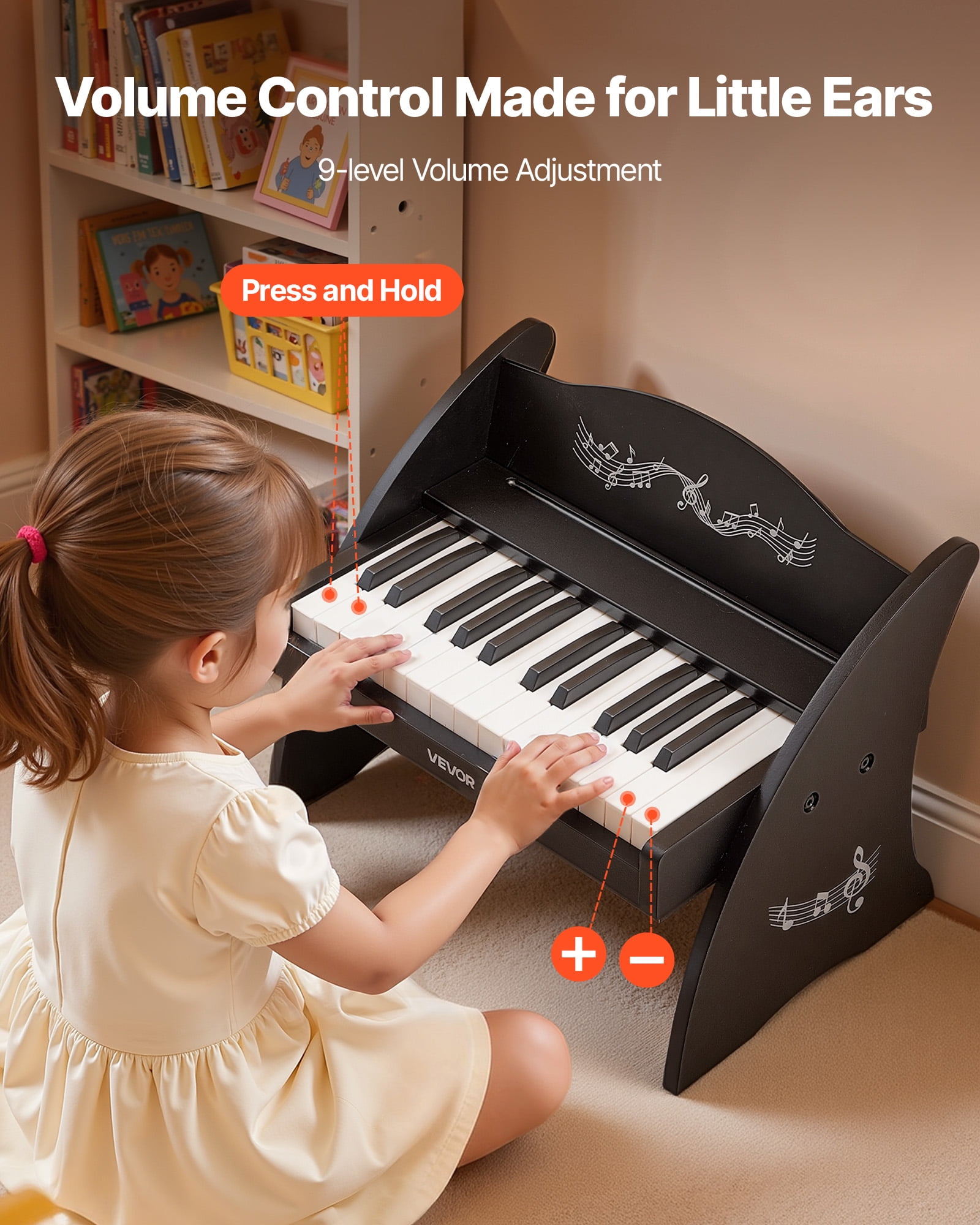 VEVOR Kids Piano Keyboard, 25 Keys Wooden Digital Piano for Kids, Mini Music Educational Instrument Toy with Realistic Sound, Dual Power, Adjustable Volume for Toddlers, Boys Girls Learning, Black