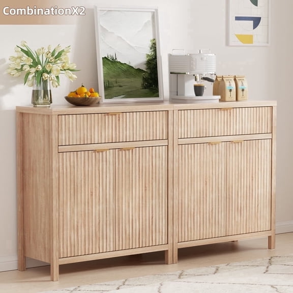 Wooden Sideboard Buffet Cabinet, Modern Fluted Storage Cabinet with 2 Drawer and 2 Doors, Oak Finish