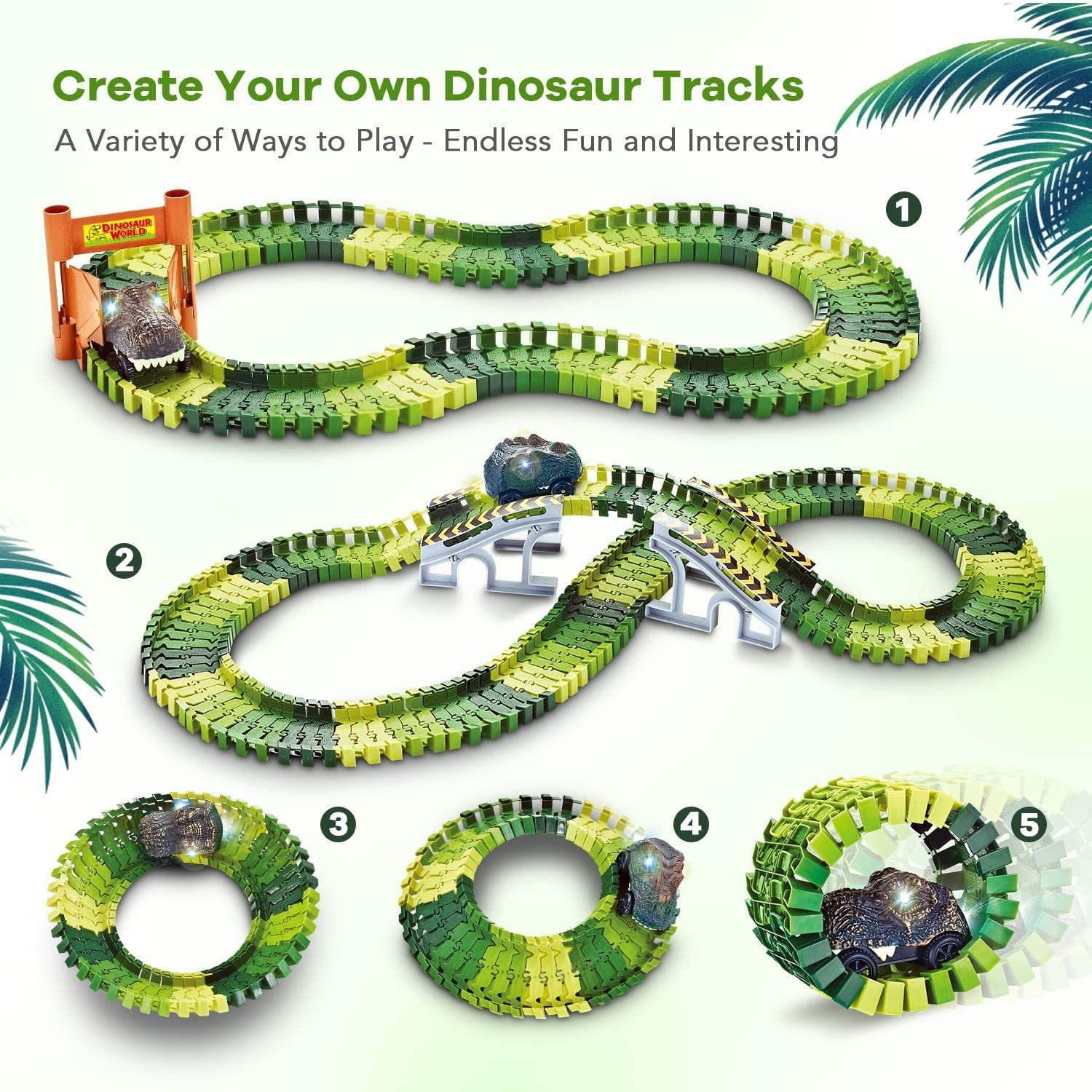 Flexible Race Track Road Playset Race Track Dinosaur World,Create a Road,Build Endless Possibilities Bridge,Slopes,142pcs,2 Dinosaurs Jurasic Experience for Boy and Girl Age 3+Toddlers Birthday gifts 