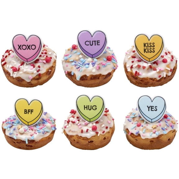 CakeDrake Cupcake Rings Candy Heart Messages Party Toppers 12 Count