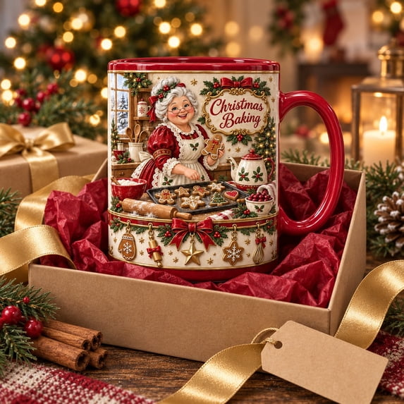 Ceramic Mug with Mrs Claus Christmas Baking Design for Holiday Coffee and Tea