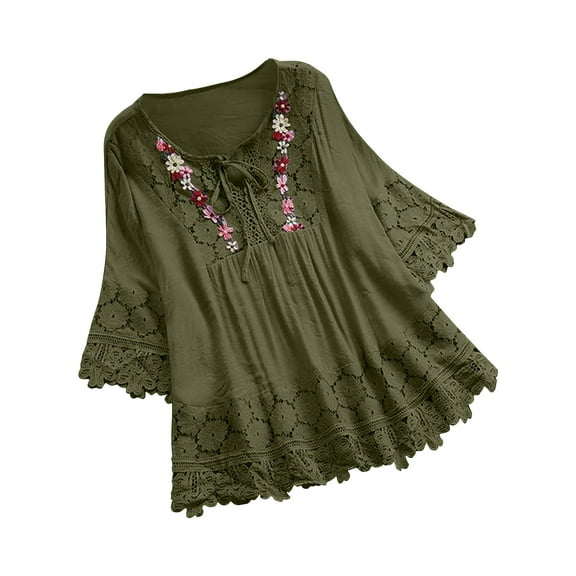 FINALGANG New Shirt For Women Flower Print O-Neck 3/4 Sleeve Vintage Top Loose Fit Lace Drawstring Shirt Adult Durable Sunsuit Clothes