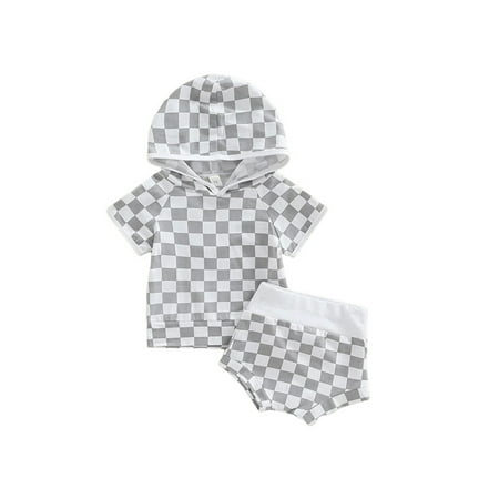 

Grianlook Newborn Tops And Shorts Set Plaid Shirt Outfit Short Sleeve 2 Pieces Outfits Baby Cute Two Piece Suits Casual Hooded Neck Silver 100cm