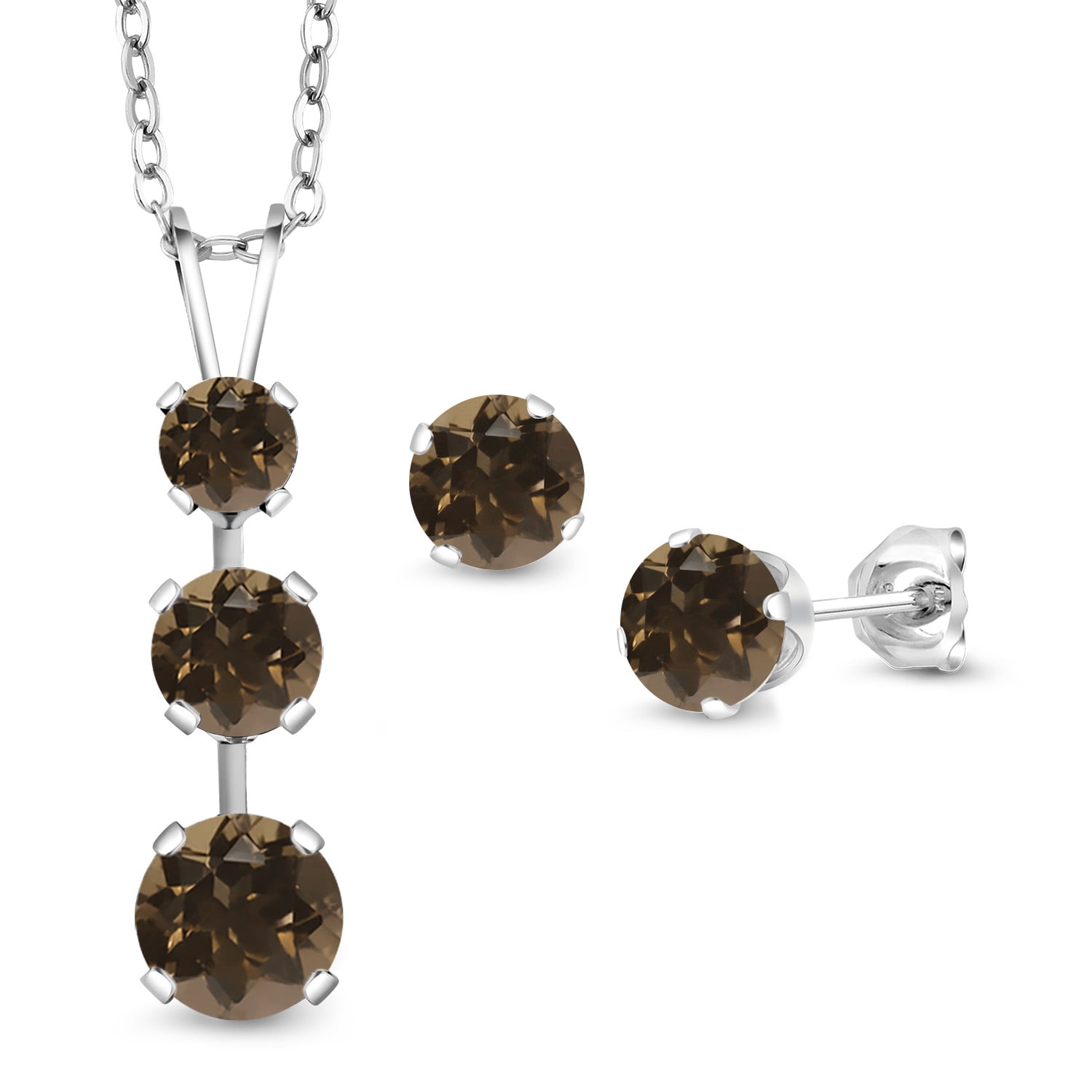 Gem Stone King 925 Sterling Silver Brown Smoky Quartz Pendant and Earrings Jewelry Set for Women (2.56 Cttw, Gemstone Birthstone, with 18 inch Chain)