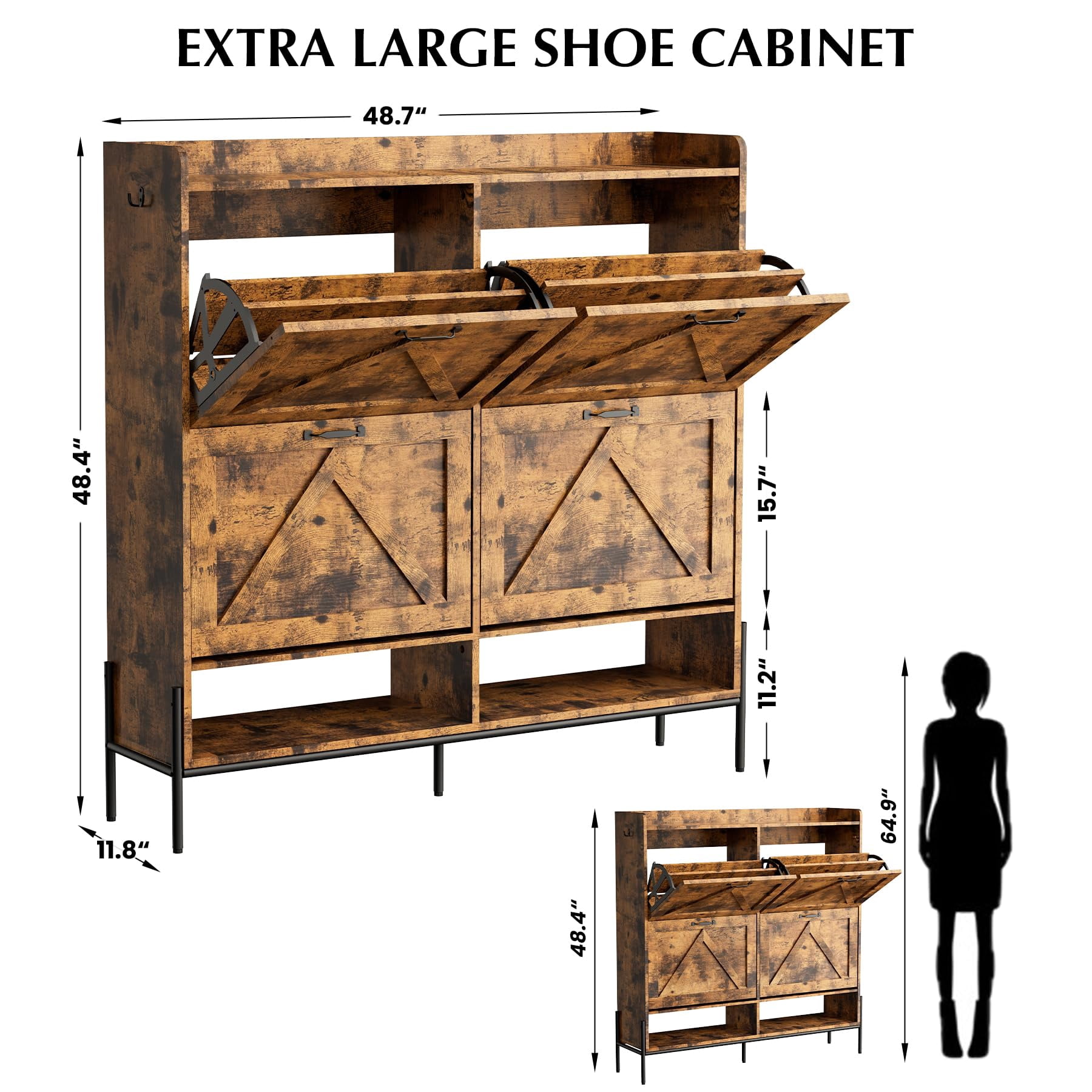 Shoe Cabinet with 4 Flip Drawers, Freestanding Shoe Cabinet