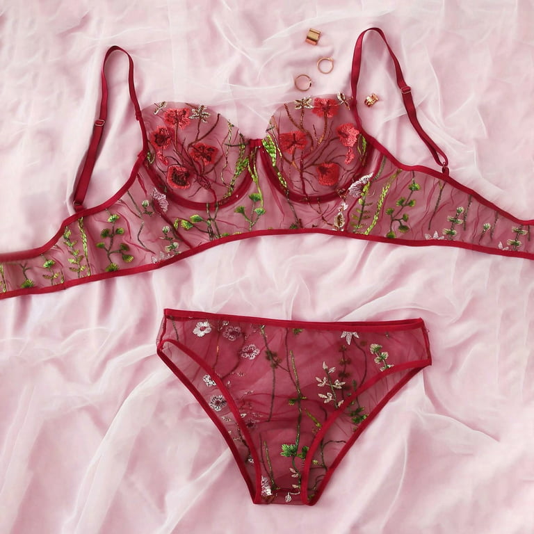 Red Flowers Embroidered Mesh Sheer Lingerie Set