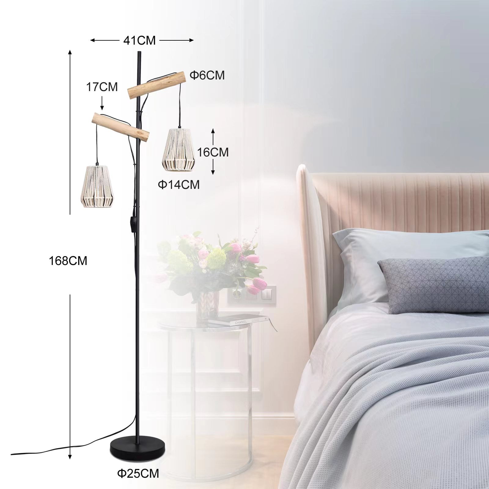 Floor Lamps Boho Farmhouse Hanging Floor Lamp in Natural Cotton Rope,Bohemian 2 Lampshades Handmade Rustic Stylish Floor Lamps for Bedroom Living Room Office Home Décor