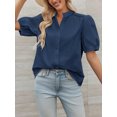 thumbnail image 5 of Womens Puff Sleeve Button Down Shirts Cotton Pleated Loose Fit Tops Summer Dressy Casual Blouses, 5 of 7