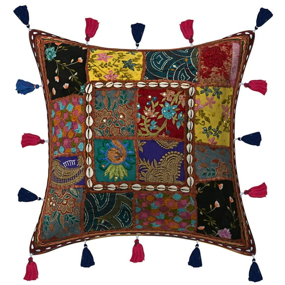 Stylo Culture Ethnic Settee Sofa Throw Pillow Cover 16 x 16 Embroidered Patchwork Sea Shells Brown Tribal Hippie 40 x 40 cm Living Room Cotton Floral Square Cushion Cover | 1 Pc