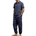 thumbnail image 5 of hotojiny Mens Summer 2 Piece Set Button Collared Short Sleeve Golf Shirt Cinch Bottoms Cargo Pants Walking Casual Outfits(Navy,Small), 5 of 7