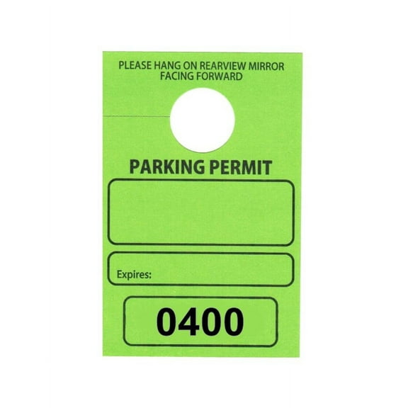 Parking Permit Hang Tags, 3 1/8 X 4 3/4, Green, Seq. Numbered 0400-0499, w Mirror Hole - Pack of 100 Tags