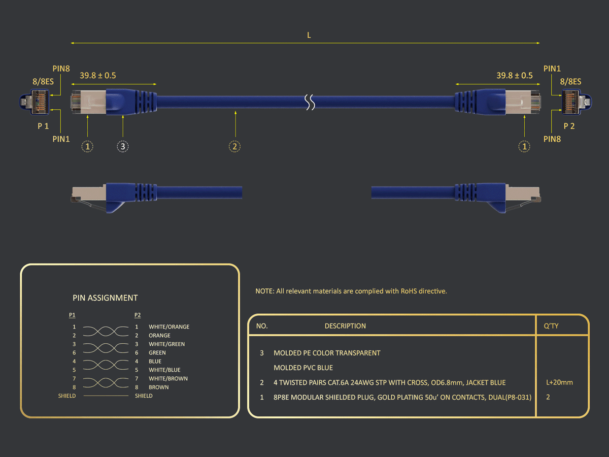 Cable Leader 50ft Cat6a Shielded Ethernet Network Patch Cable STP Snagless 24AWG Bare Copper, Blue