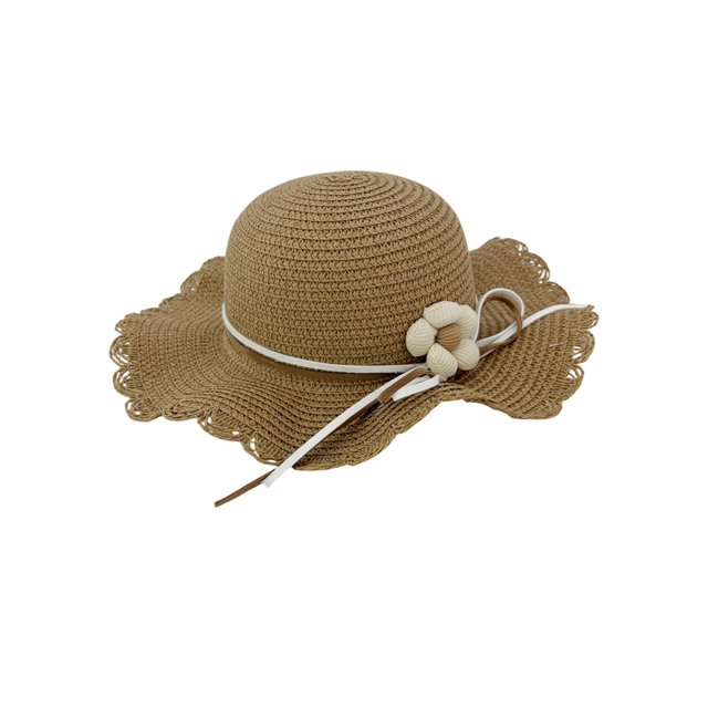 Sombrero Para Playa De Niña Ondulado Tejido De Paja Con Flor cafe
