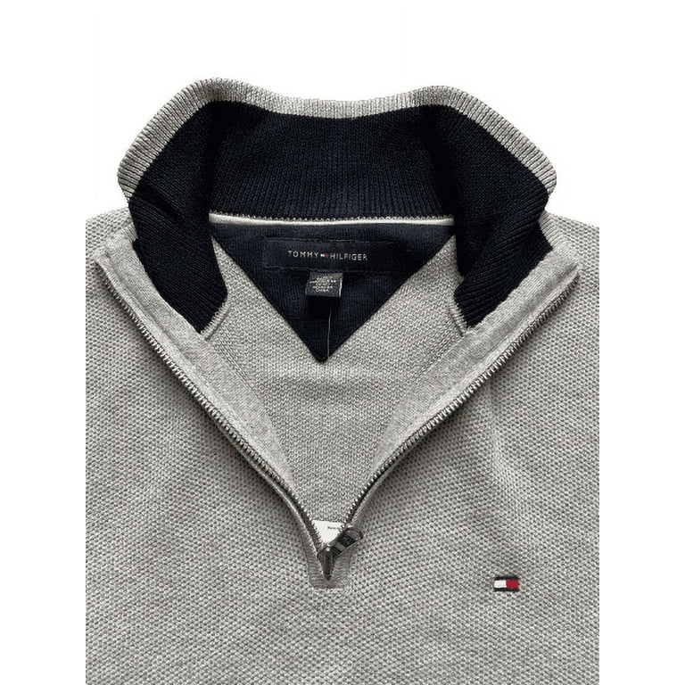 Tommy Hilfiger Men s Quarter 1 4 Zip Mesh Knit Cotton Mockneck Pullover Sweater Size Medium Color Gray Walmart