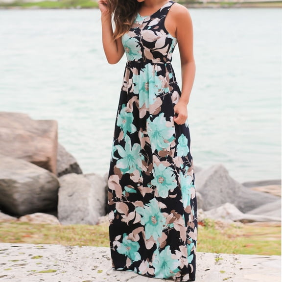 Viikei Sleeveless Dress Summer Dresses for Women Plus Size Dresses Clearance Sleeveless Floral Print Maxi Dress with Pockets