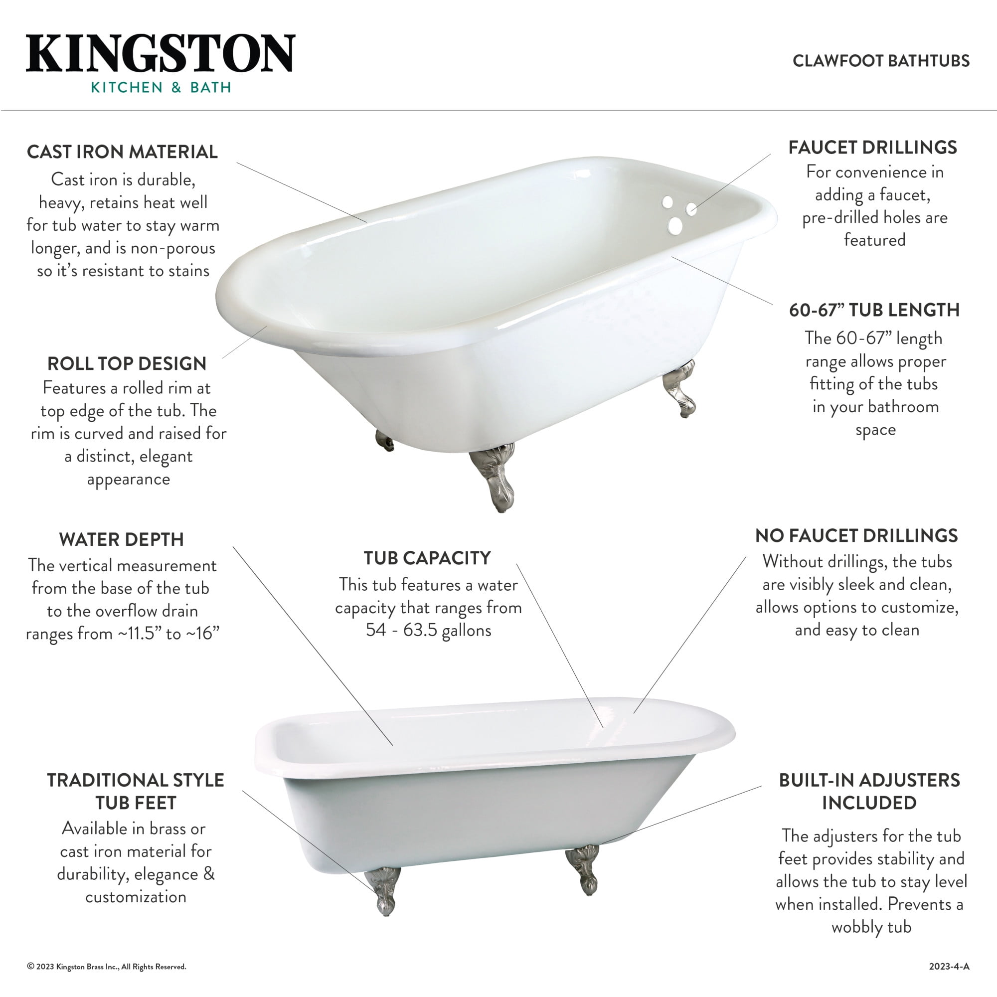Aqua Eden VCT3D663019NT0 66" Cast Iron Oval Rectangular Roll Top Clawfoot Tub (3-3/8" Wall Drillings), White/Matte Black