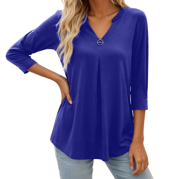 DHFJKG Shirts For Women Casual 3/4 Sleeve Flowy Comfortable Notch V Neck Solid Color Loose Tunic Trendy Tops