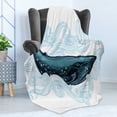 thumbnail image 4 of Whale Soft Flannel Fleece Blanket, Big Happy Whale with Ornamental Striped Waves with Motto Artwork Print, Cozy Plush for Indoor and Outdoor Use, 50" x 60", White Dark Blue and Blue, by Ambesonne, 4 of 5