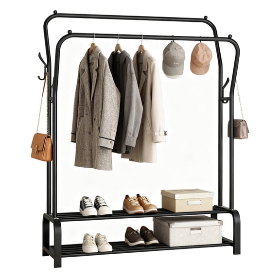 YEAHIBABY 1Pc Black Metal Double Pole Clothes Hanger Rack with Large Capacity and Shoe Shelf