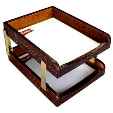 Dacasso  Crocodile Embossed Leather Double Letter Trays - Brown