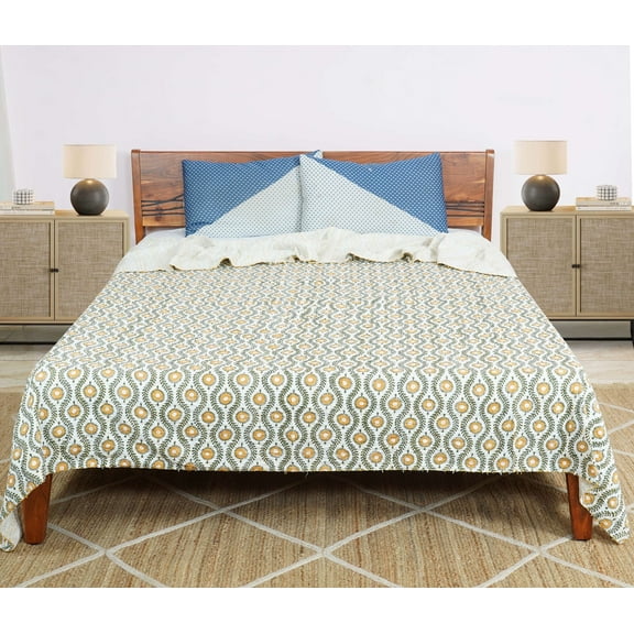 Dhaka International 100% Cotton Handmade Block Printed Bedspread | Lightweight Reversible Bed Cover for All Seasons - ( yellow - 60x90 " Single / Twin Size )