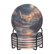 Yayeee 6 PCS Drink Coasters with Holder Set Woven Absorbent Round Tabletop Hot Pad, Ethereal Mountain