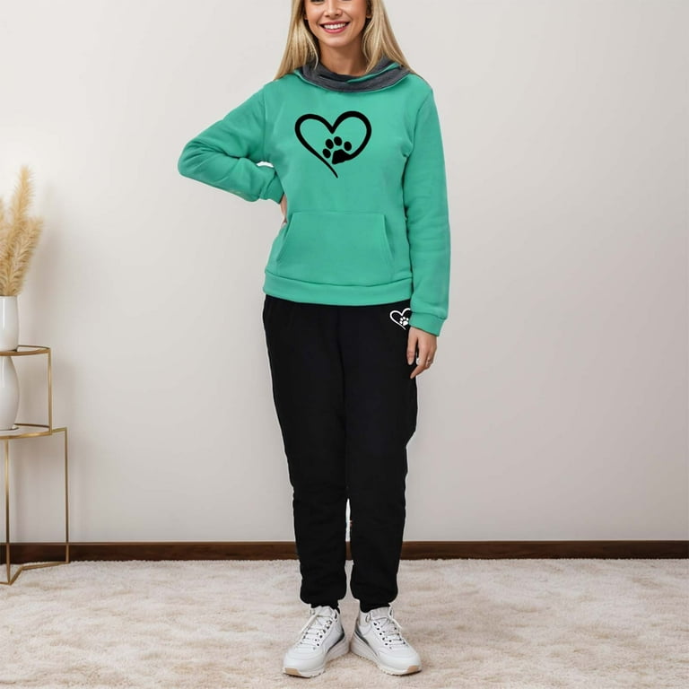 Women s Sports Suit Love Print Long Sleeve Sporty Two Piece Set Comfortable Hooded Sweatshirt Tracksuit Padding Jumper Women Dressy Pants for Women Pants Suits for Mother Hunting Women Overalls Women ...