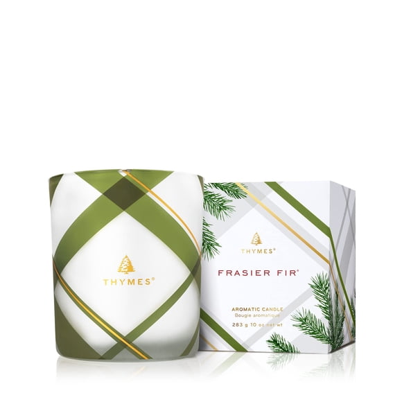 Thymes Frasier Fir Candle – Frosted Plaid Collection – Green & White Glass Jar Design – Scente