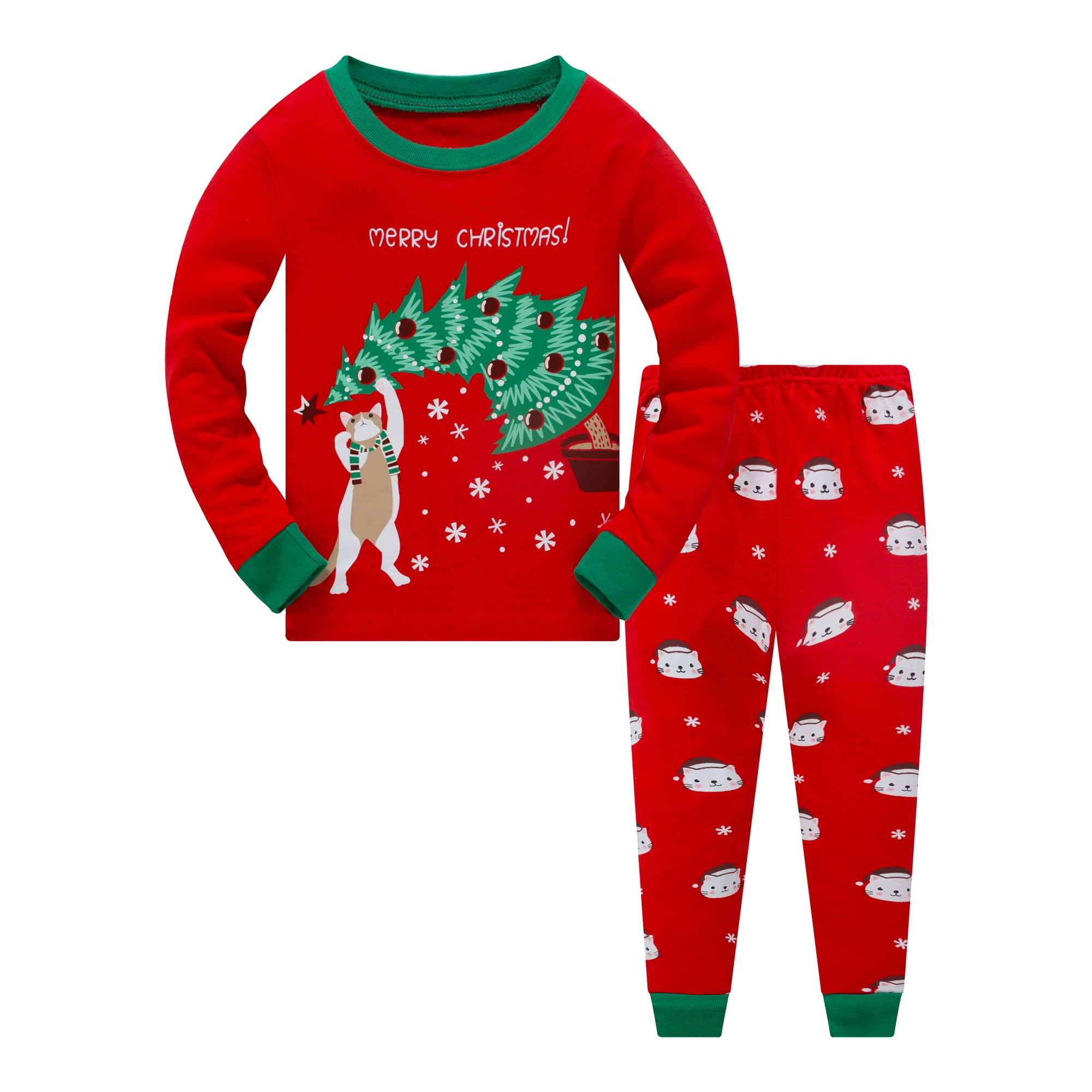 Popshion Kids Christmas 100% Cotton Pajamas Set Christmas Tree Cat Pjs ...