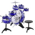 thumbnail image 6 of Products 5-Piece Kids Beginner All Wood Junior Size Drum Set, Percussion Instrument Starter Kit w/Stool, Drumsticks, Toms, Snare, Hi Hat, Cymbal - Blue, 6 of 9