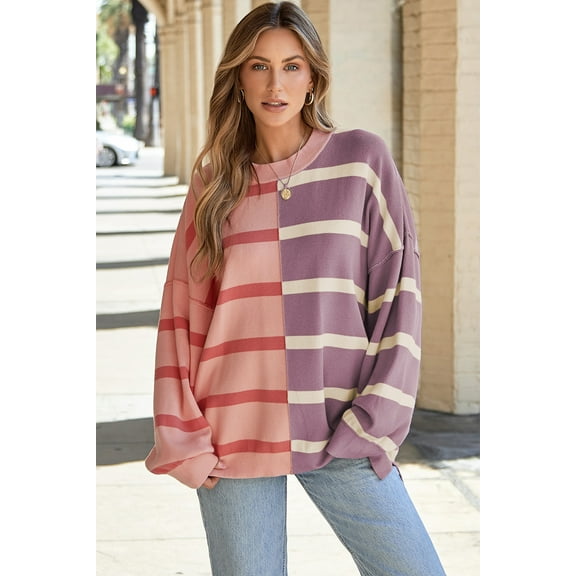 Ushdele Chic Pink Striped Oversized Sweater - Warm & Stylish!