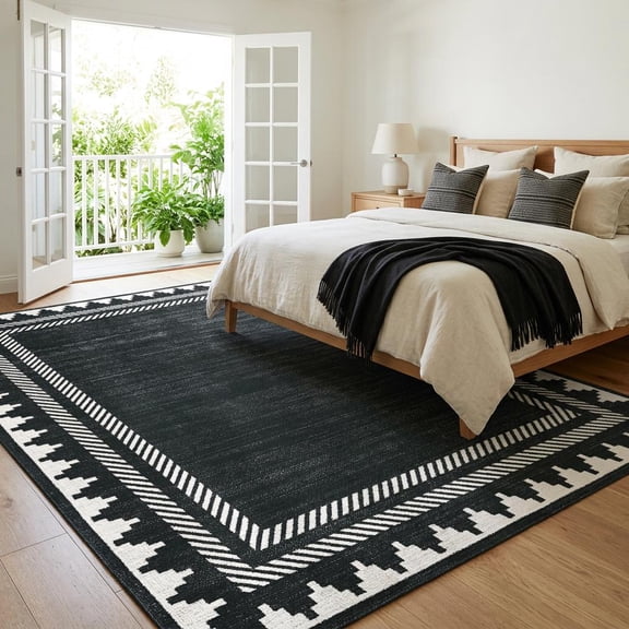 CAROMIO 9' x 12' Black Washable Neutral Bordered Area Rug for Living Room Minimalist Non-Slip Indoor Carpet