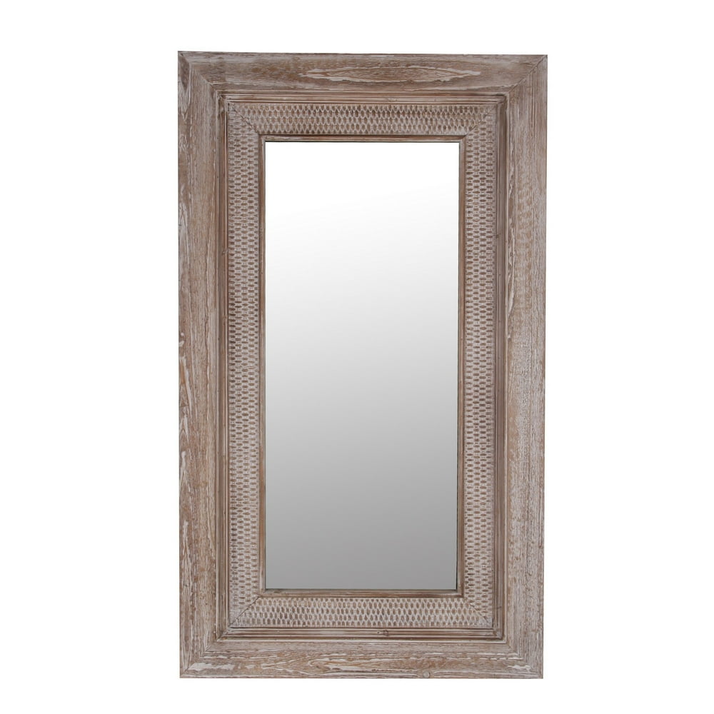 Rectangular Wooden Frame Wall Mirror with Weathered Details, Brown