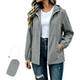 thumbnail image 2 of Zylanna Women Packable Rain Jackets Windbreaker, with Pockets Lightweight Adjustable Hem & Hooded Waterproof Travel Outdoor Casual Daily Raincoat Gray, 2 of 9
