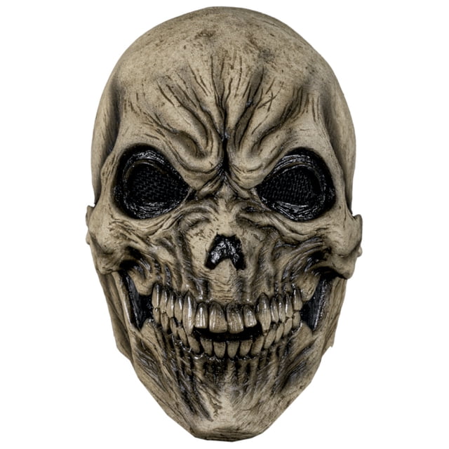máscara de látex calavera oktober studios muerte halloween artesanal negra, vista frontal centrada con silueta completa; texturas arrugadas y efecto envejecido, cavidades oculares con malla negra, nariz y dientes esculpidos con sombras oscuras, látex resistente; ideal para fiestas de disfraces y Halloween y a menudo usada para sesiones fotográficas temáticas.