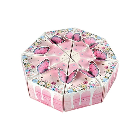 Pink Birthday Party Gift Box Triangles Cake Shape With Butterflies Design Durable Paper Material Reinforced Bottom Easy To Fill 8 Pieces Per Pack Total Weight 0.25 Pounds