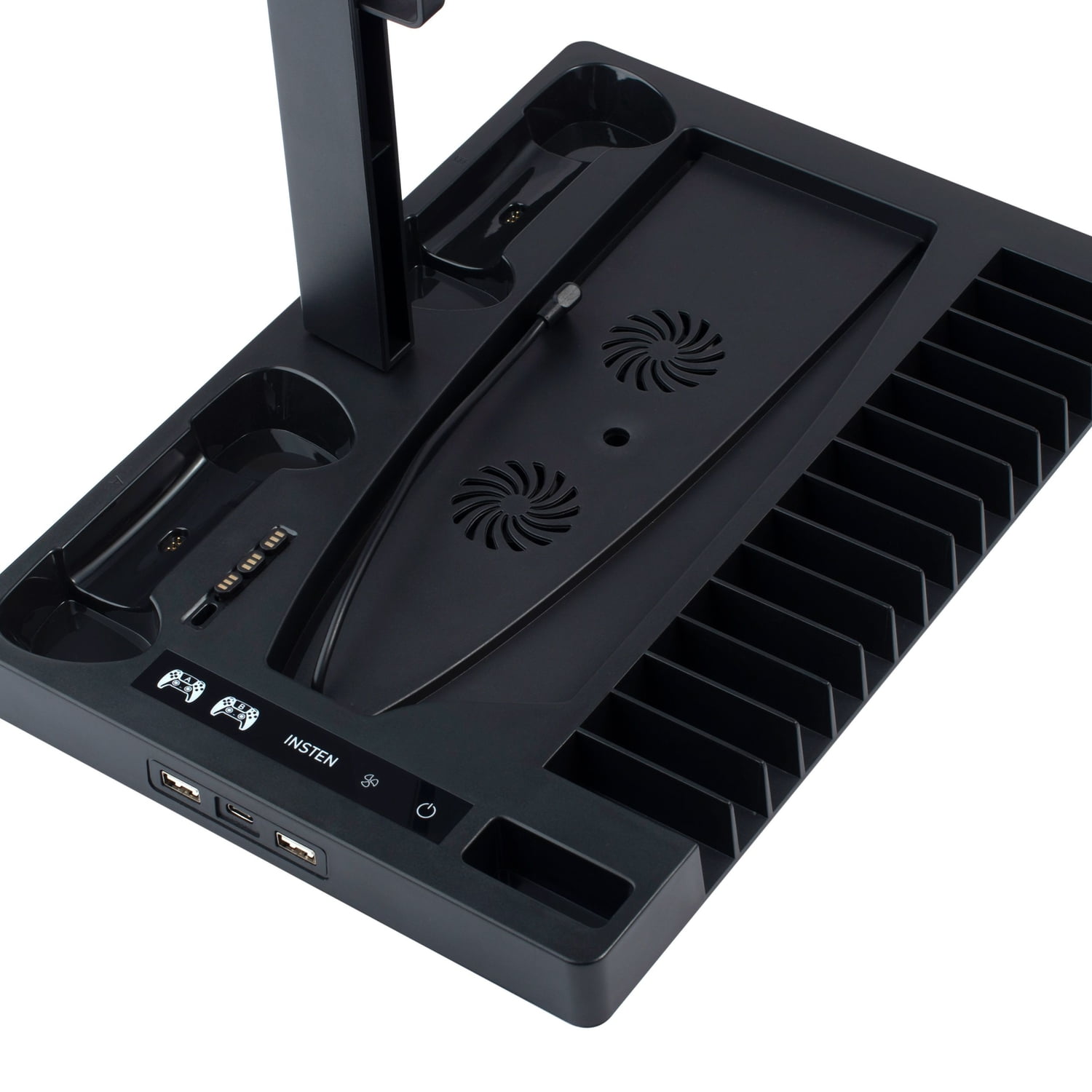 For PS5 Stand and Cooling Station with Dual Controller Charging Dock Charger, Cooling Fan, Headphone Holder, Video Game Storage, USB Hub