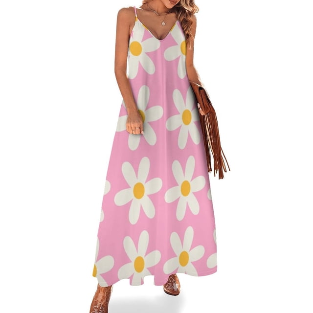 Vestido sin mangas con diseño de margaritas rosas, vestidos de baile, atuendos de festival, vestidos de verano para mujer 2024
