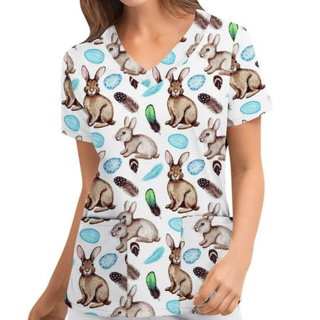 

Plus Size Scrubs Tops Women Heart Shaped Print V-Neck Short Sleeve Working Uniform Stretch Scrubs Shirts with Pockets
