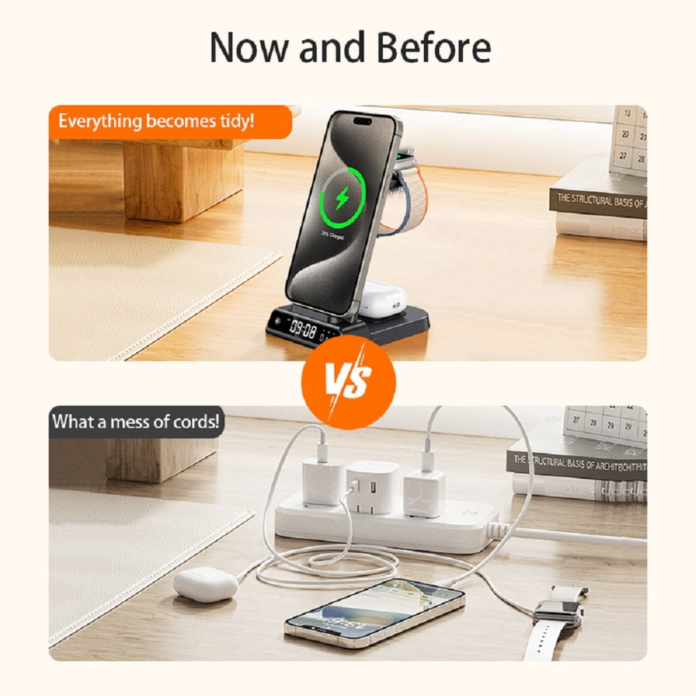 Wireless Charger Fits for iPhone & Samsung, 3 in 1 Fast Charging Station for Multiple Devices with Digital Clock Charging Dock Stand Compatible with iPhone & Apple Watch & AirPods,Black
