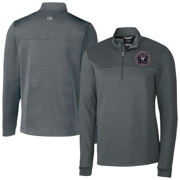 Men's-Cutter & Buck  Gray Inter Miami CF Traverse Stretch Eco Stripe Quarter-Zip Pullover Top