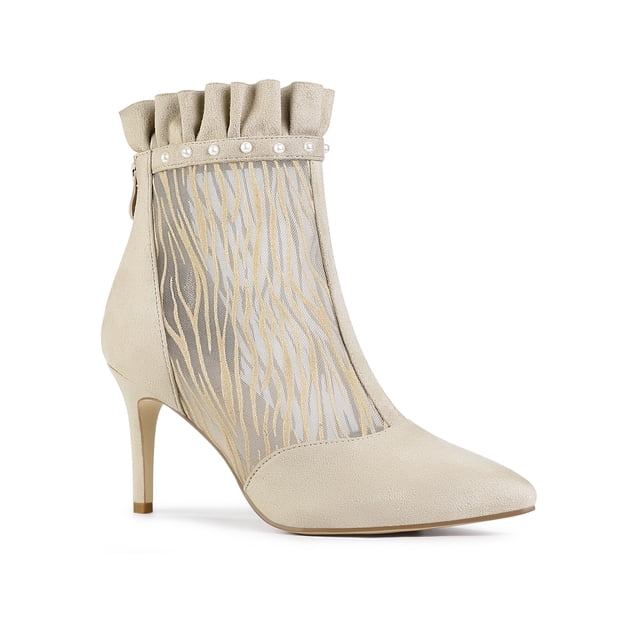 Unique Bargains Women's Mesh Stiletto High Heels Ruffle Prom Ankle Boots Beige 6
