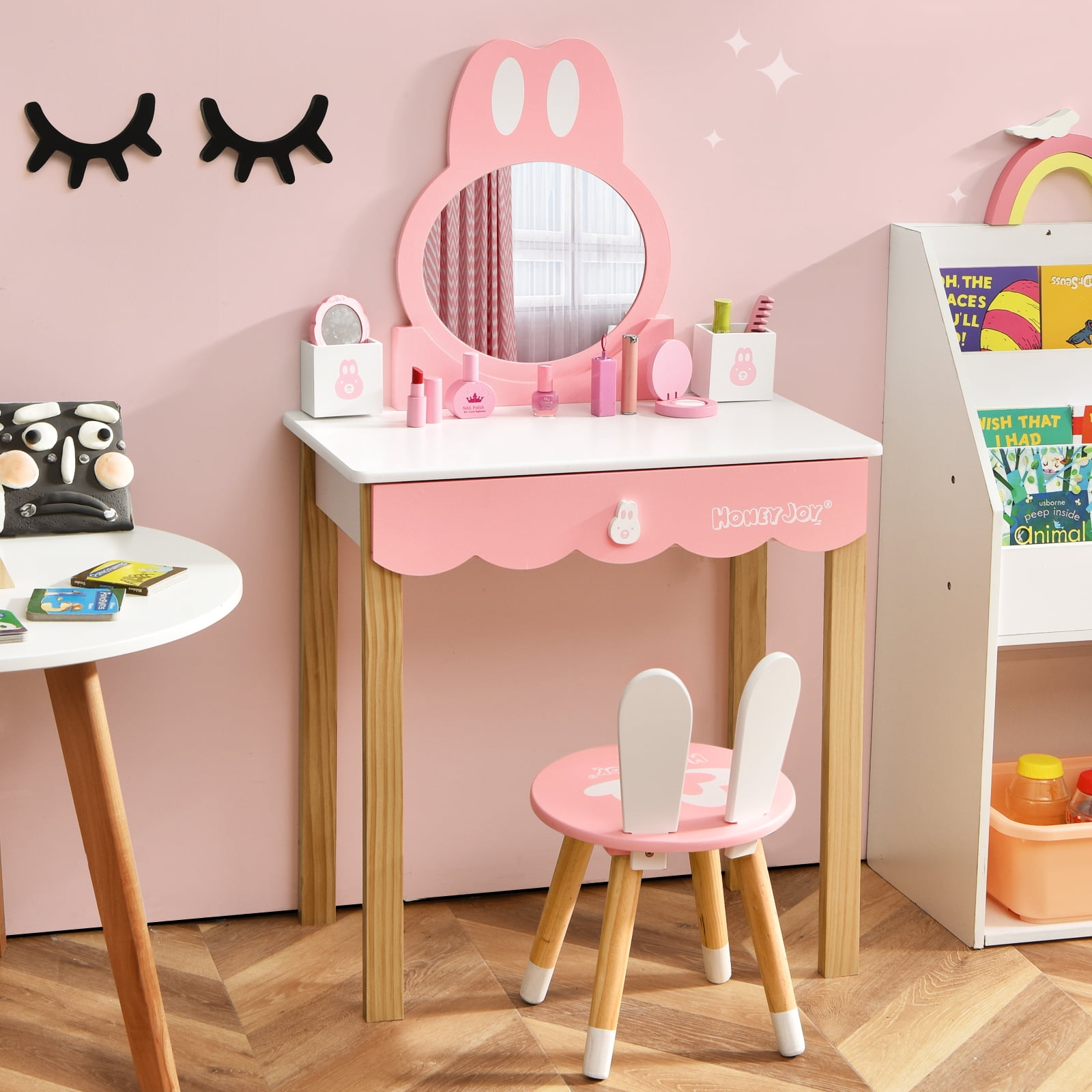 HONEY JOY Kids Vanity Set With Real Mirror & Cushioned Stool, Crown Shape Princess Makeup Dressing Table Stool Set